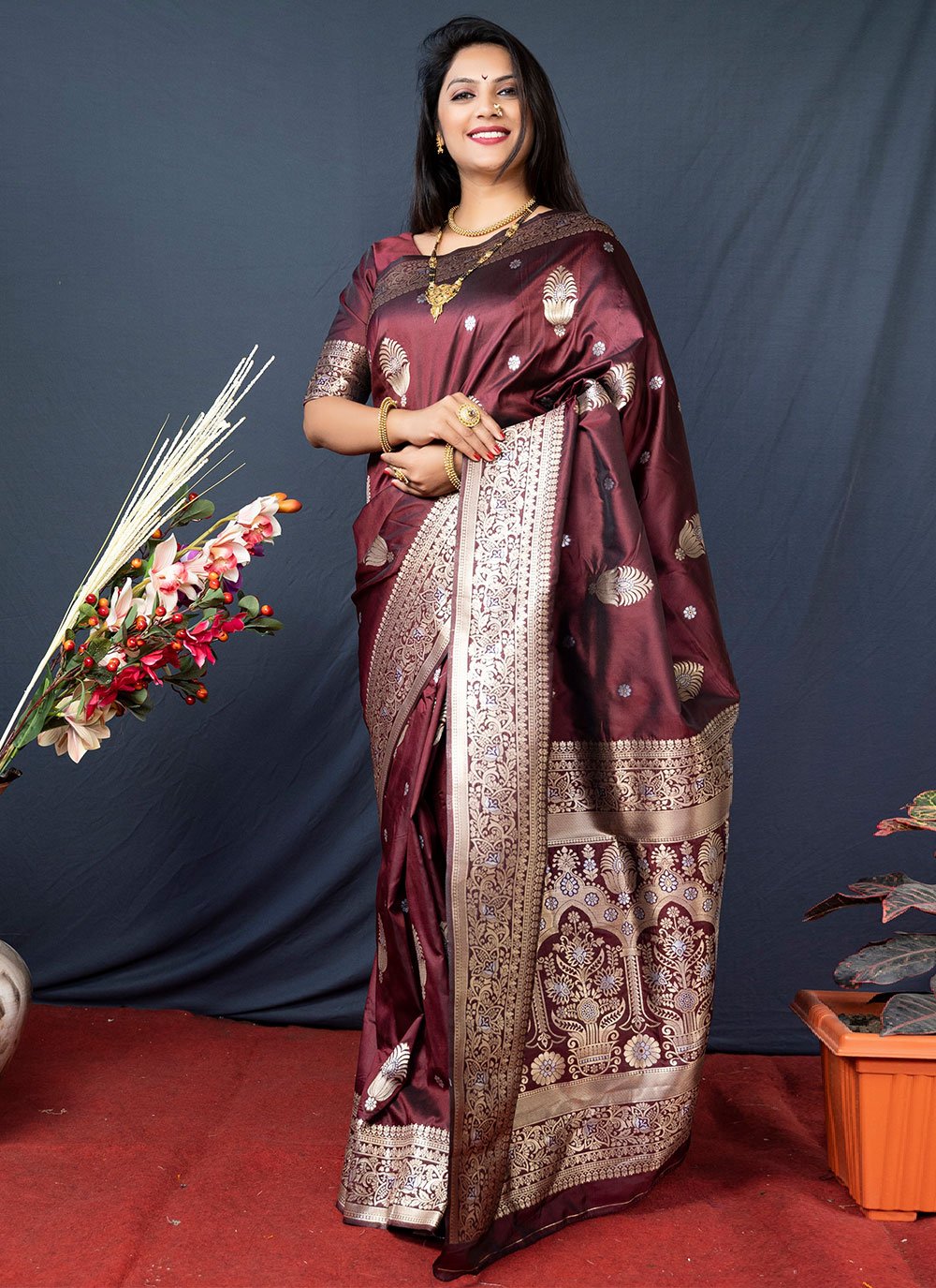 Contemporary Banarasi Silk Wine Weaving Saree