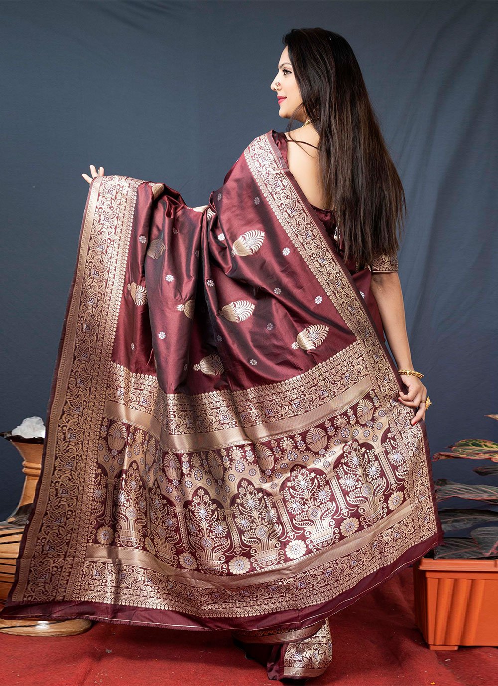 Contemporary Banarasi Silk Wine Weaving Saree