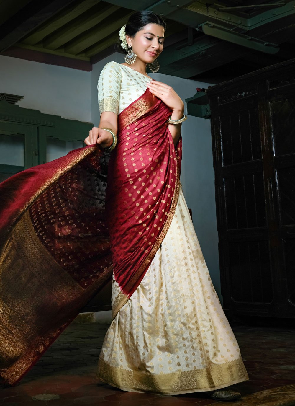 Contemporary Banarasi Silk Cream Maroon Weaving Saree