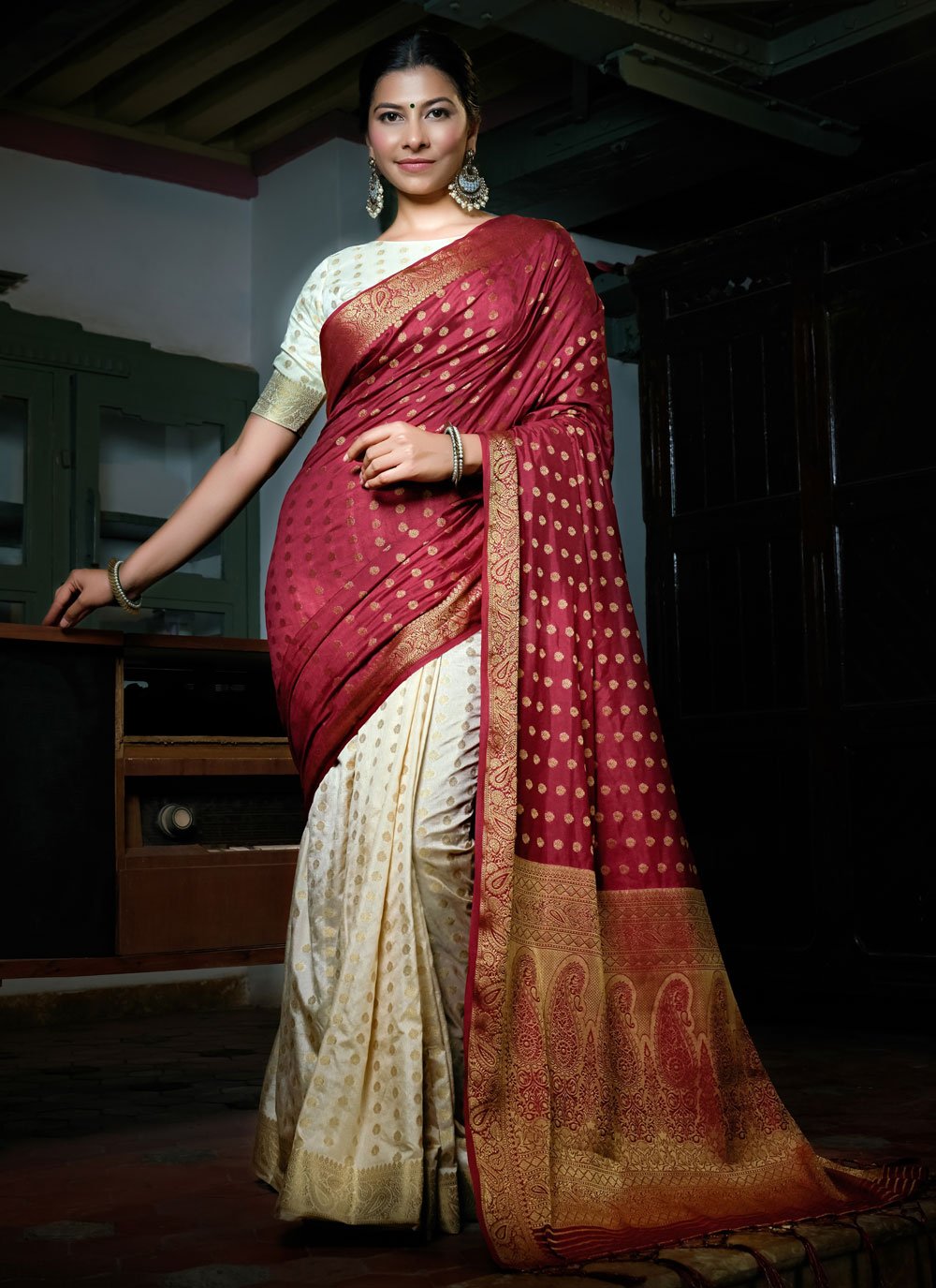 Contemporary Banarasi Silk Cream Maroon Weaving Saree