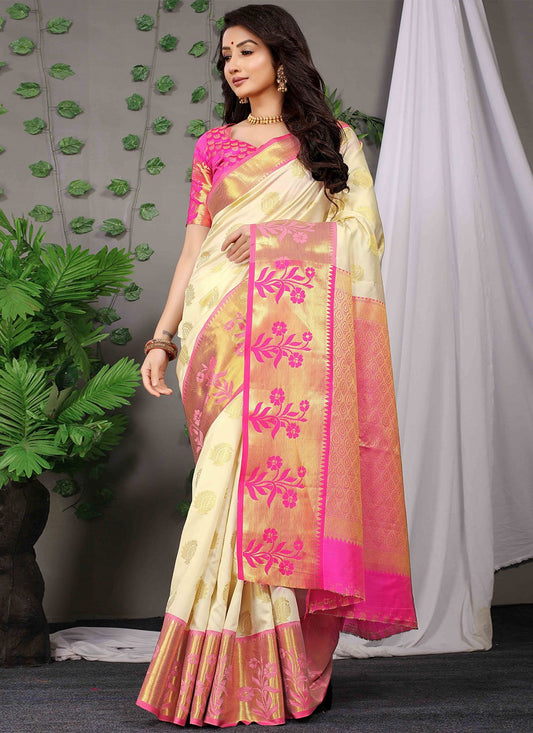 Contemporary Banarasi Silk Cream Weaving Saree