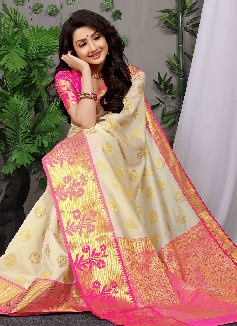 Contemporary Banarasi Silk Cream Weaving Saree