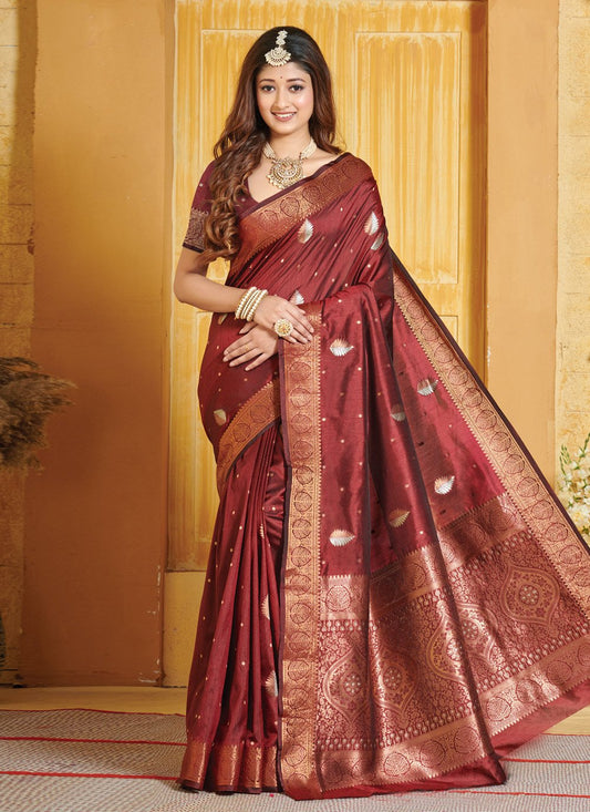 Traditional Saree Banarasi Silk Maroon Embroidered Saree