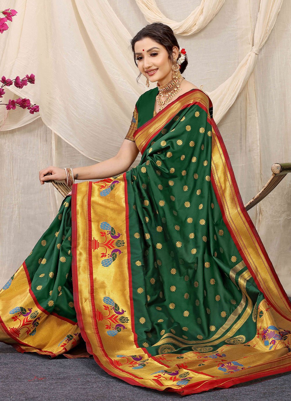 Contemporary Banarasi Silk Green Weaving Saree