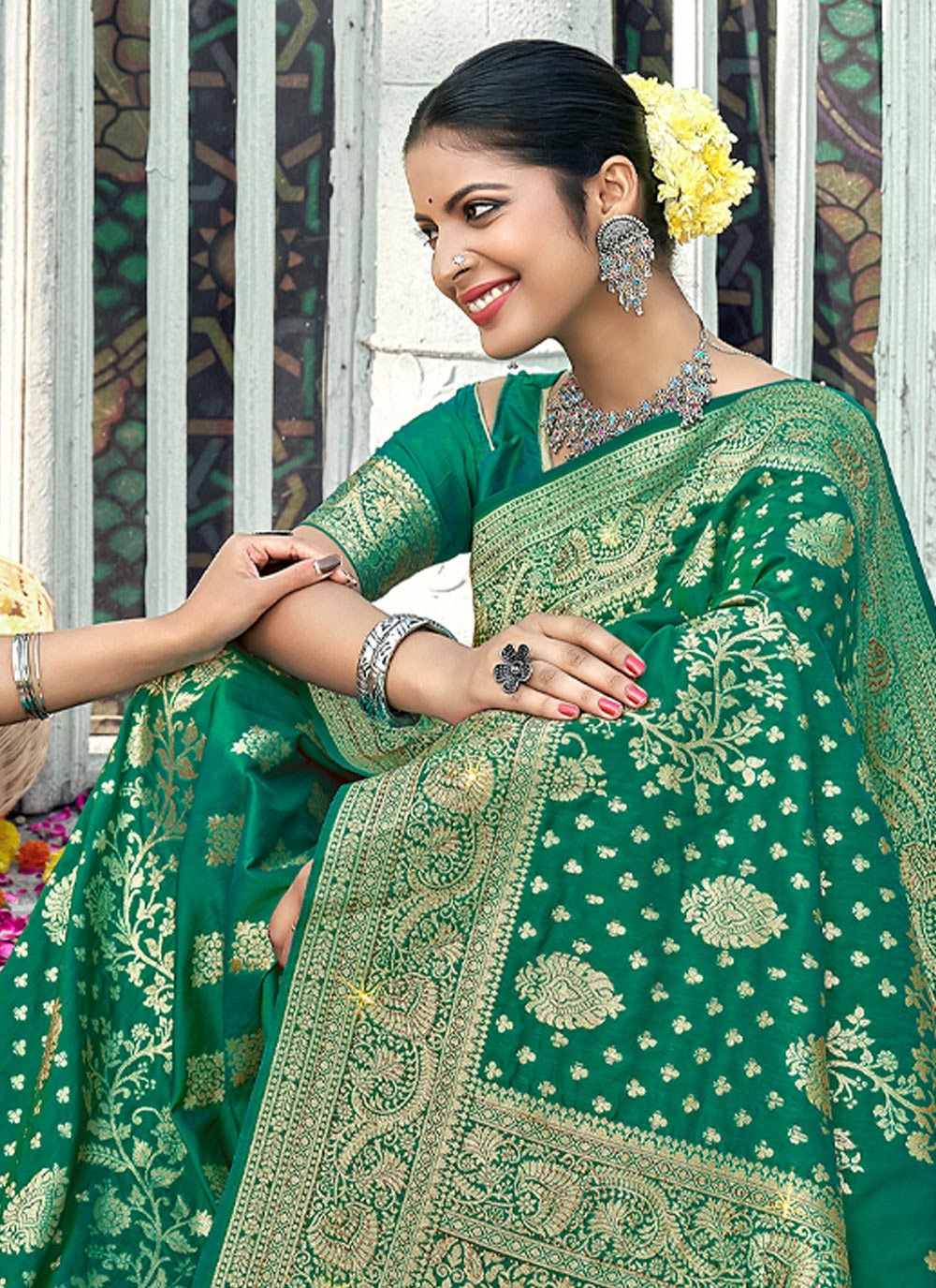 Traditional Saree Banarasi Silk Green Weaving Saree