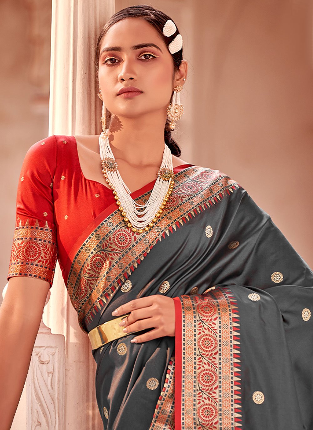 Classic Banarasi Silk Grey Weaving Saree