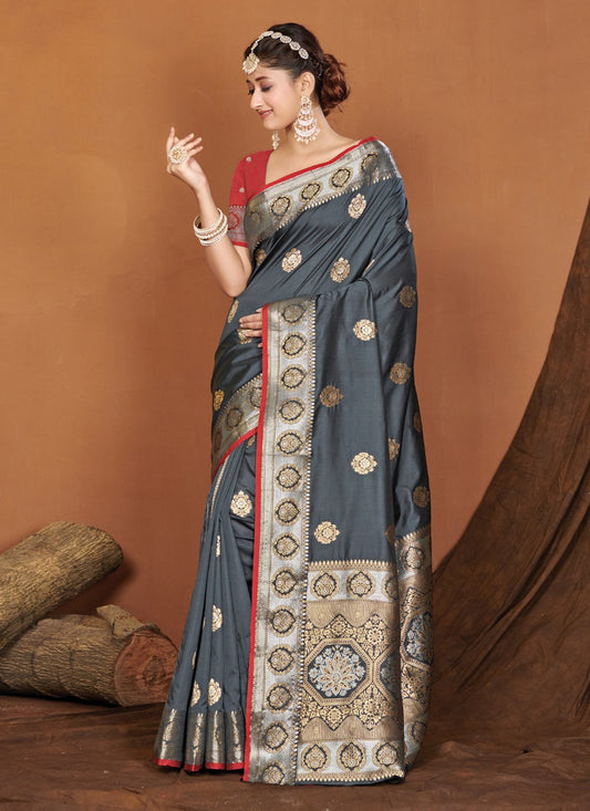 Traditional Saree Banarasi Silk Grey Embroidered Saree