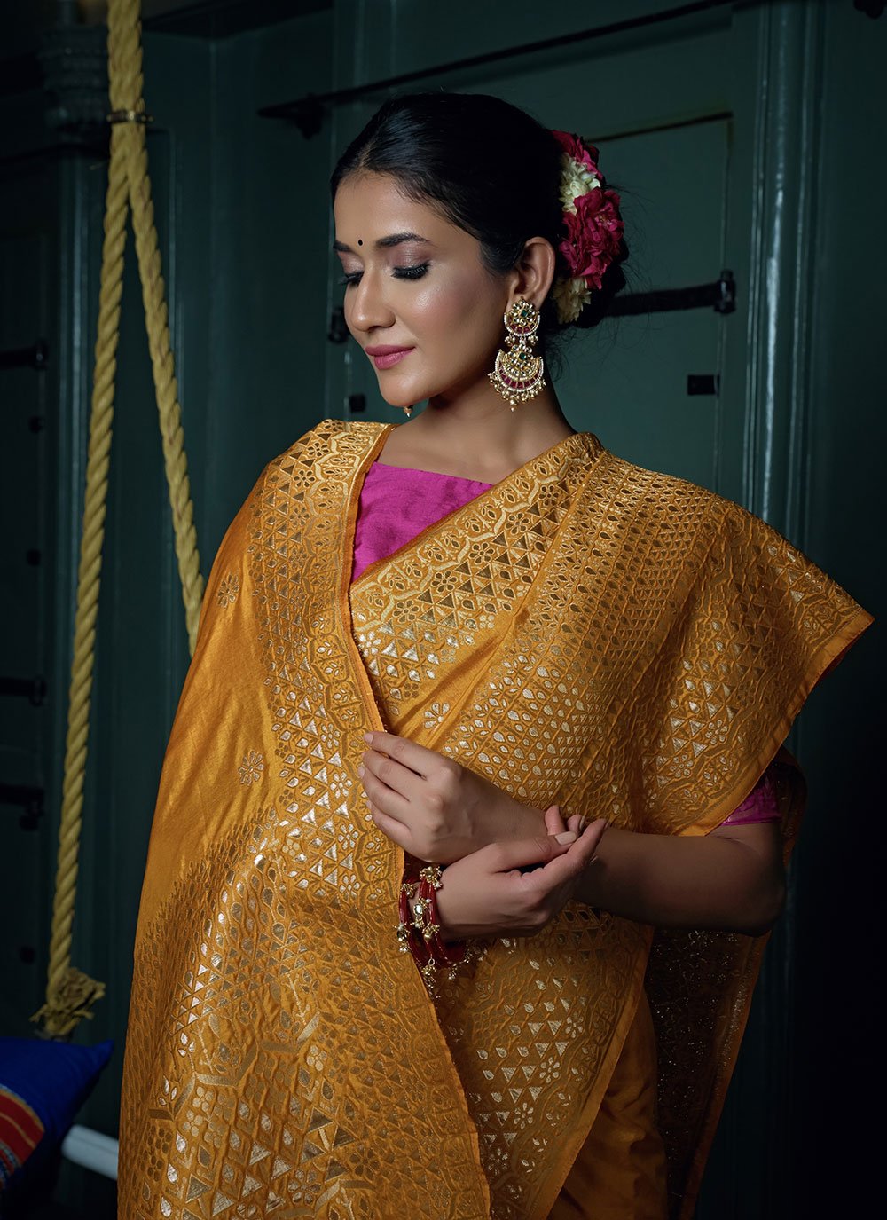 Contemporary Banarasi Silk Mustard Weaving Saree