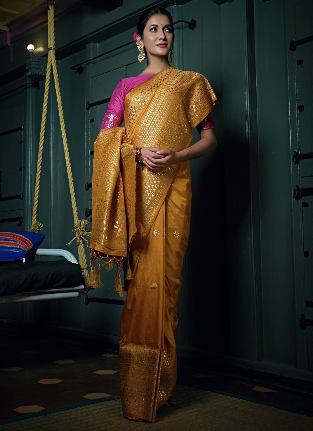 Contemporary Banarasi Silk Mustard Weaving Saree