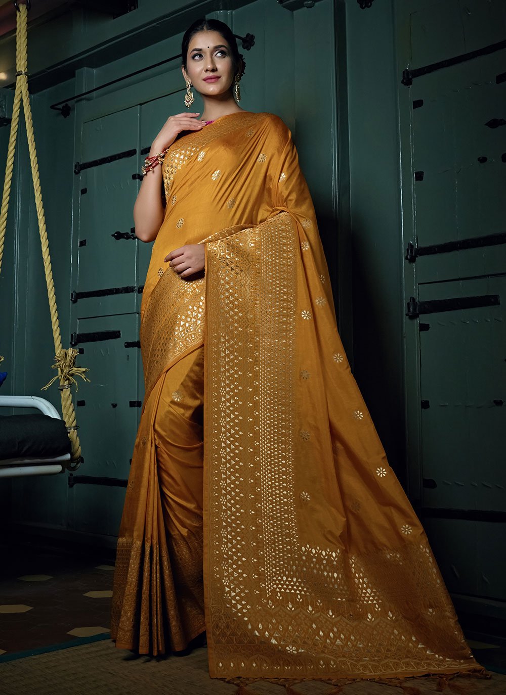 Contemporary Banarasi Silk Mustard Weaving Saree