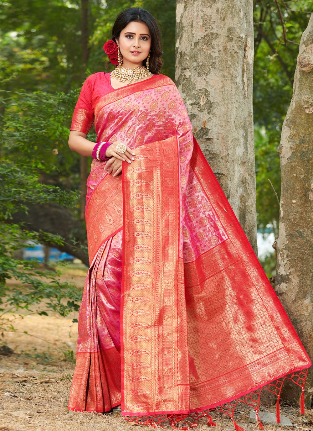 Traditional Saree Banarasi Silk Pink Red Weaving Saree