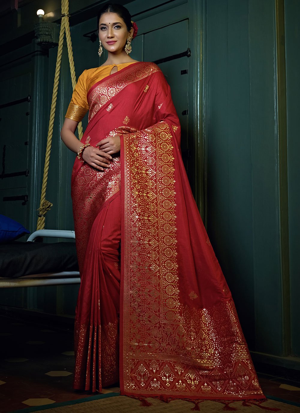 Contemporary Banarasi Silk Red Weaving Saree