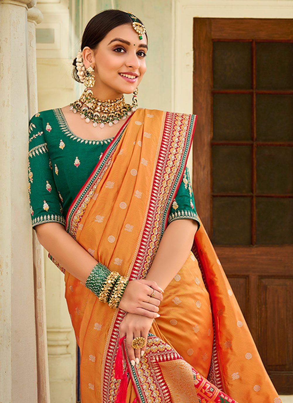 Trendy Saree Banarasi Silk Orange Weaving Saree