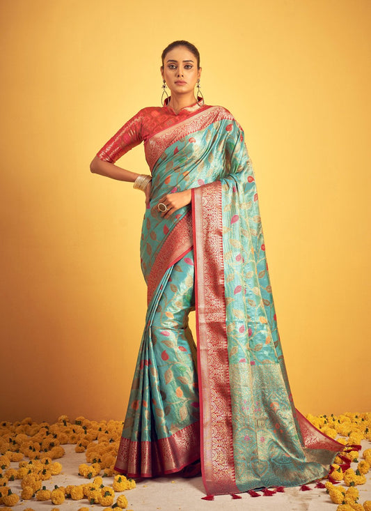 Traditional Saree Banarasi Silk Turquoise Weaving Saree
