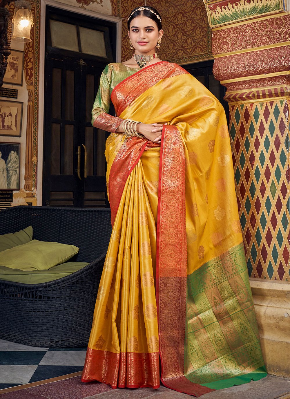 Contemporary Banarasi Silk Handloom Silk Tissue Yellow Weaving Saree