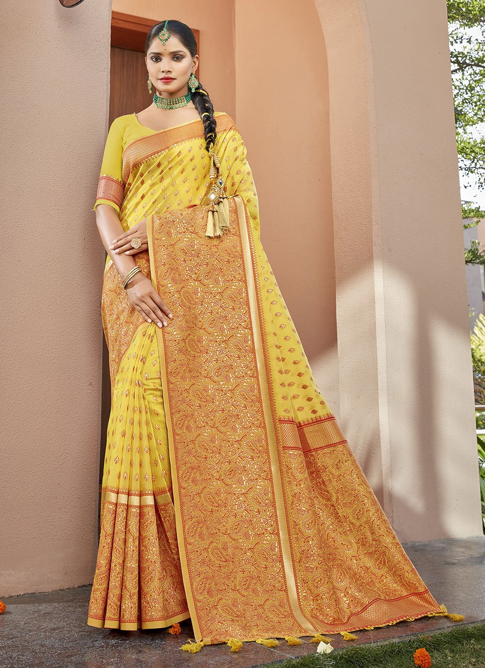 Traditional Saree Banarasi Silk Yellow Weaving Saree