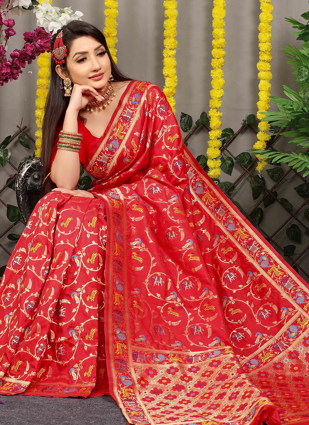 Classic Banarasi Silk Red Jacquard Work Saree