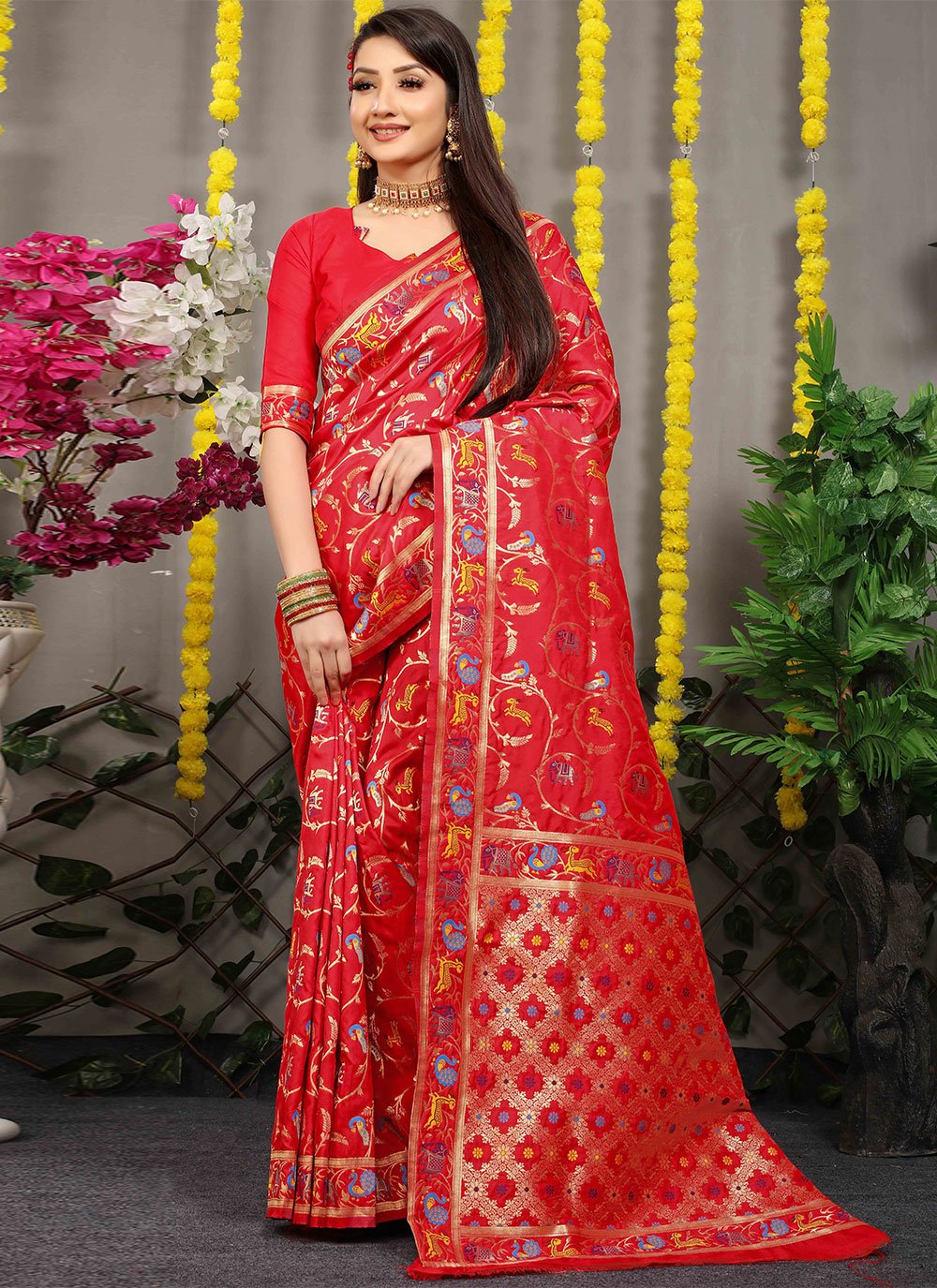 Classic Banarasi Silk Red Jacquard Work Saree