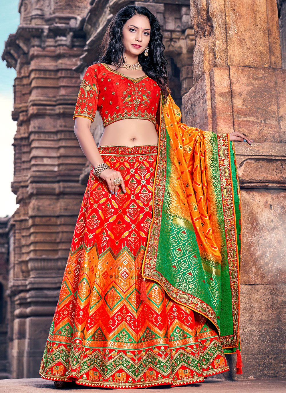 Lehenga Choli Banarasi Silk Orange Red Embroidered Lehenga Choli