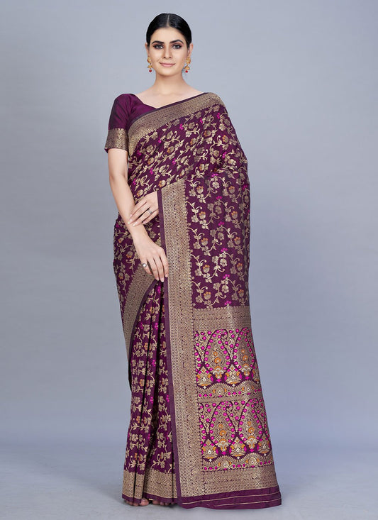 Trendy Saree Banarasi Silk Wine Woven Saree