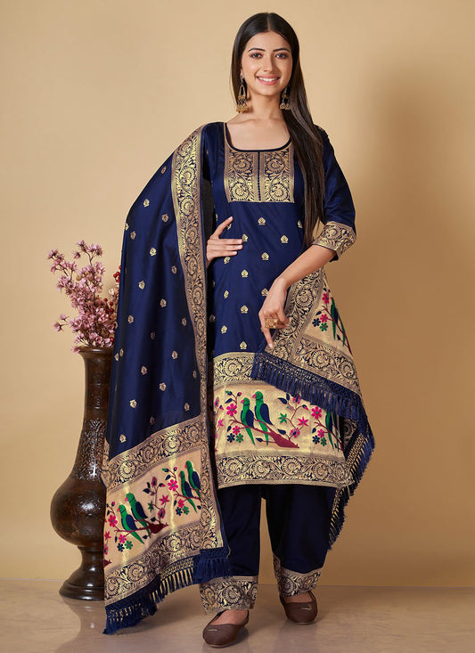 Salwar Suit Banarasi Silk Blue Woven Salwar Kameez