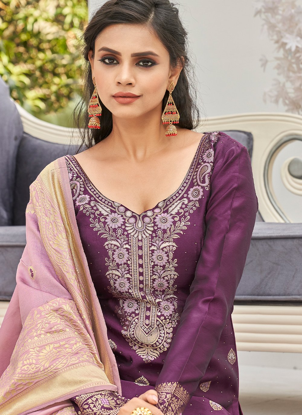 Salwar Suit Banarasi Silk Purple Woven Salwar Kameez