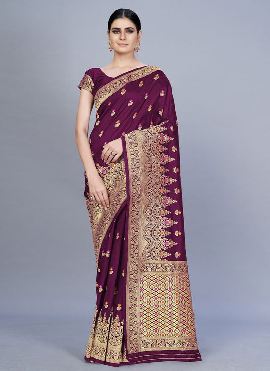 Designer Banarasi Silk Wine Woven Saree