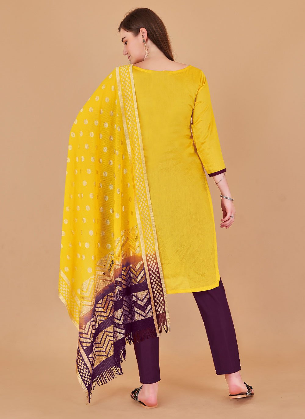 Salwar Suit Banarasi Silk Yellow Booti Salwar Kameez