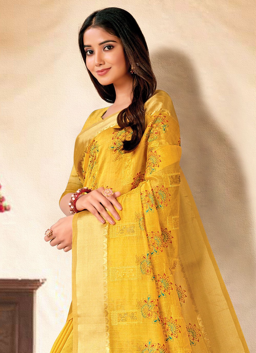 Contemporary Banarasi Silk Yellow Embroidered Saree