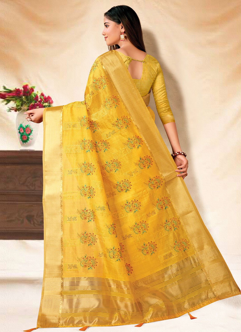 Contemporary Banarasi Silk Yellow Embroidered Saree