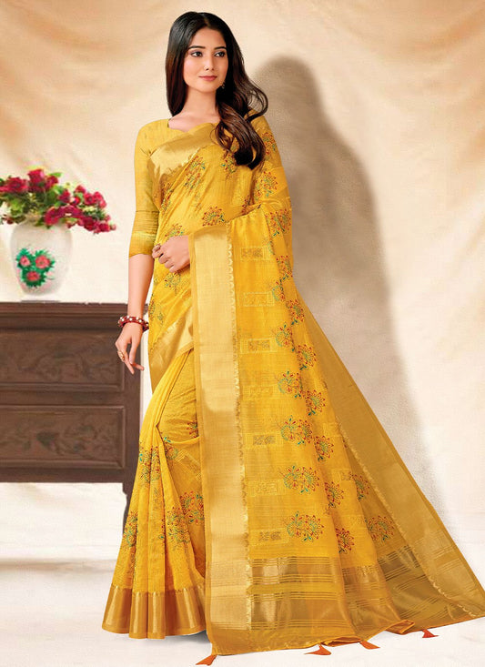 Contemporary Banarasi Silk Yellow Embroidered Saree