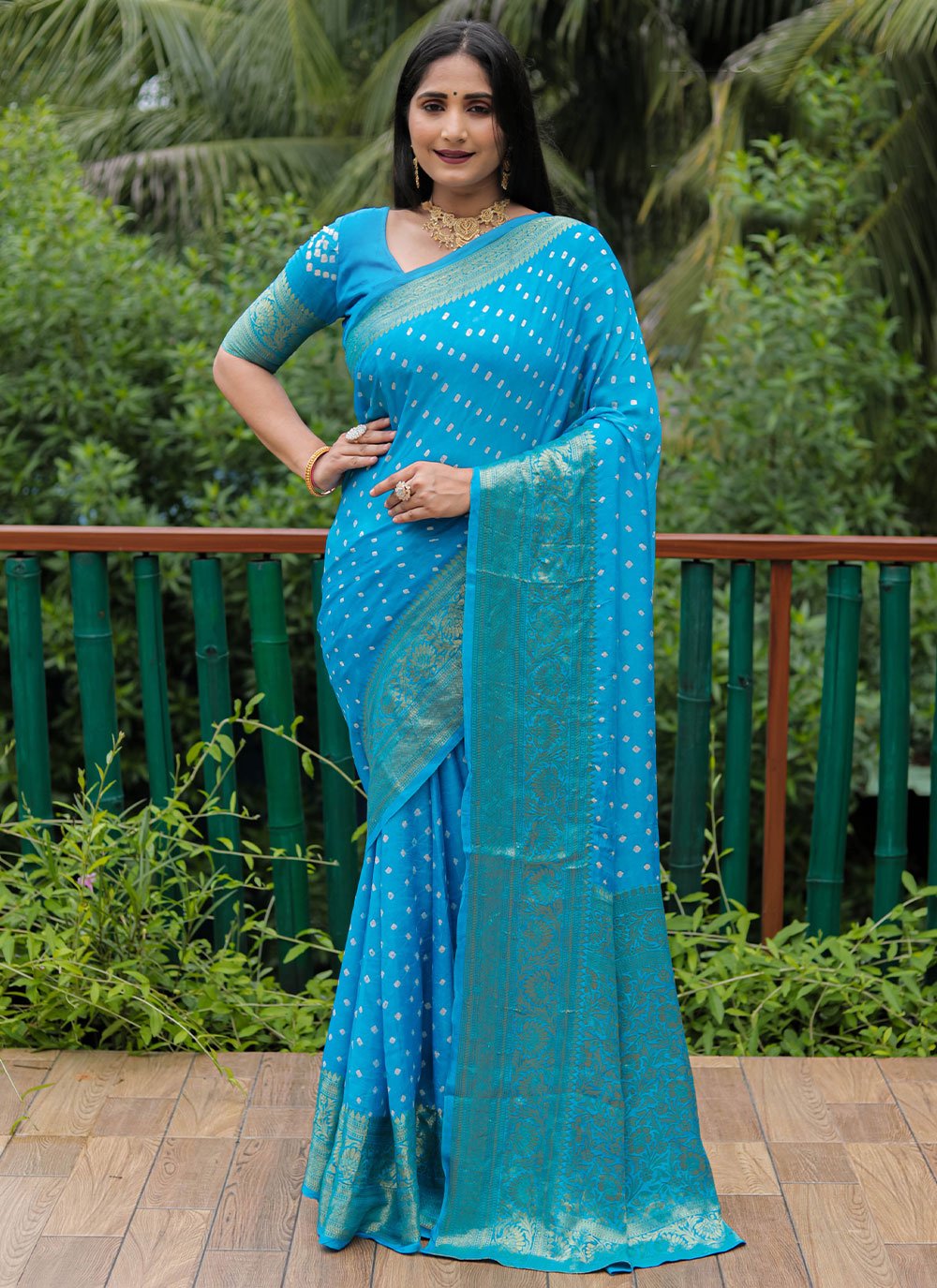Classic Pure Silk Aqua Blue Bandhej Saree