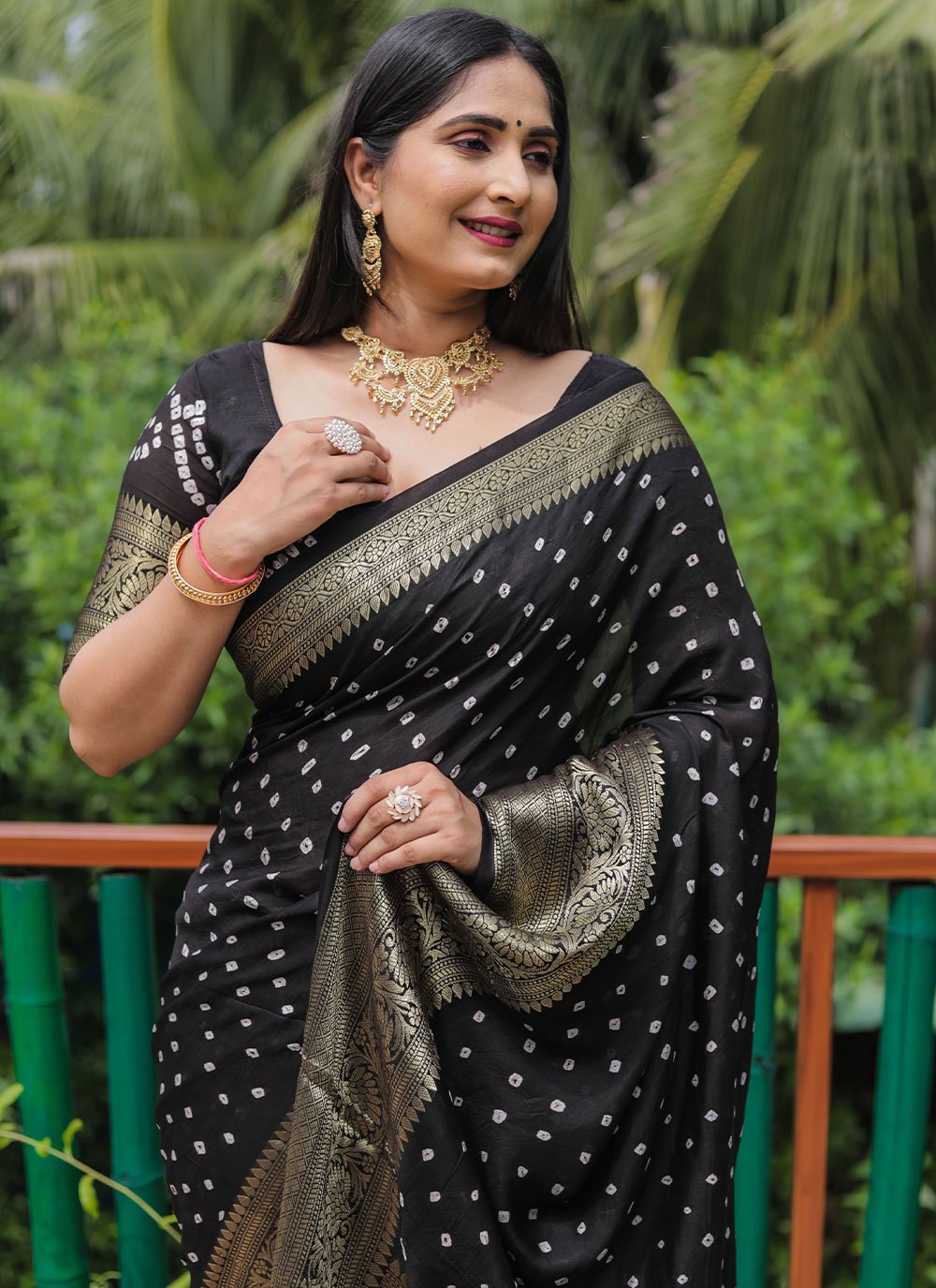 Classic Pure Silk Black Bandhej Saree