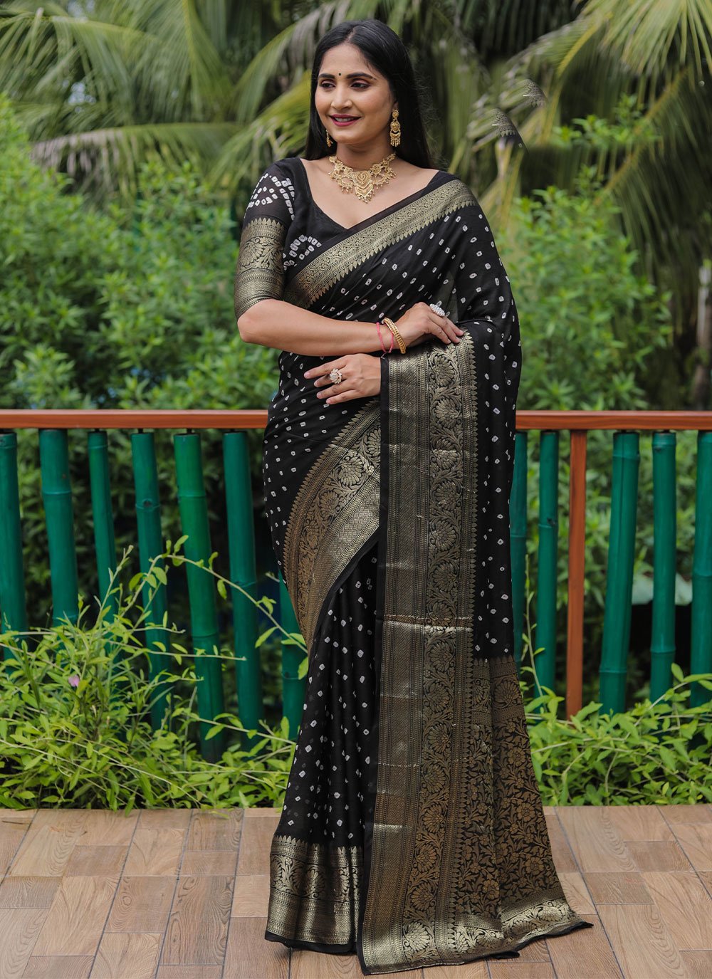 Classic Pure Silk Black Bandhej Saree