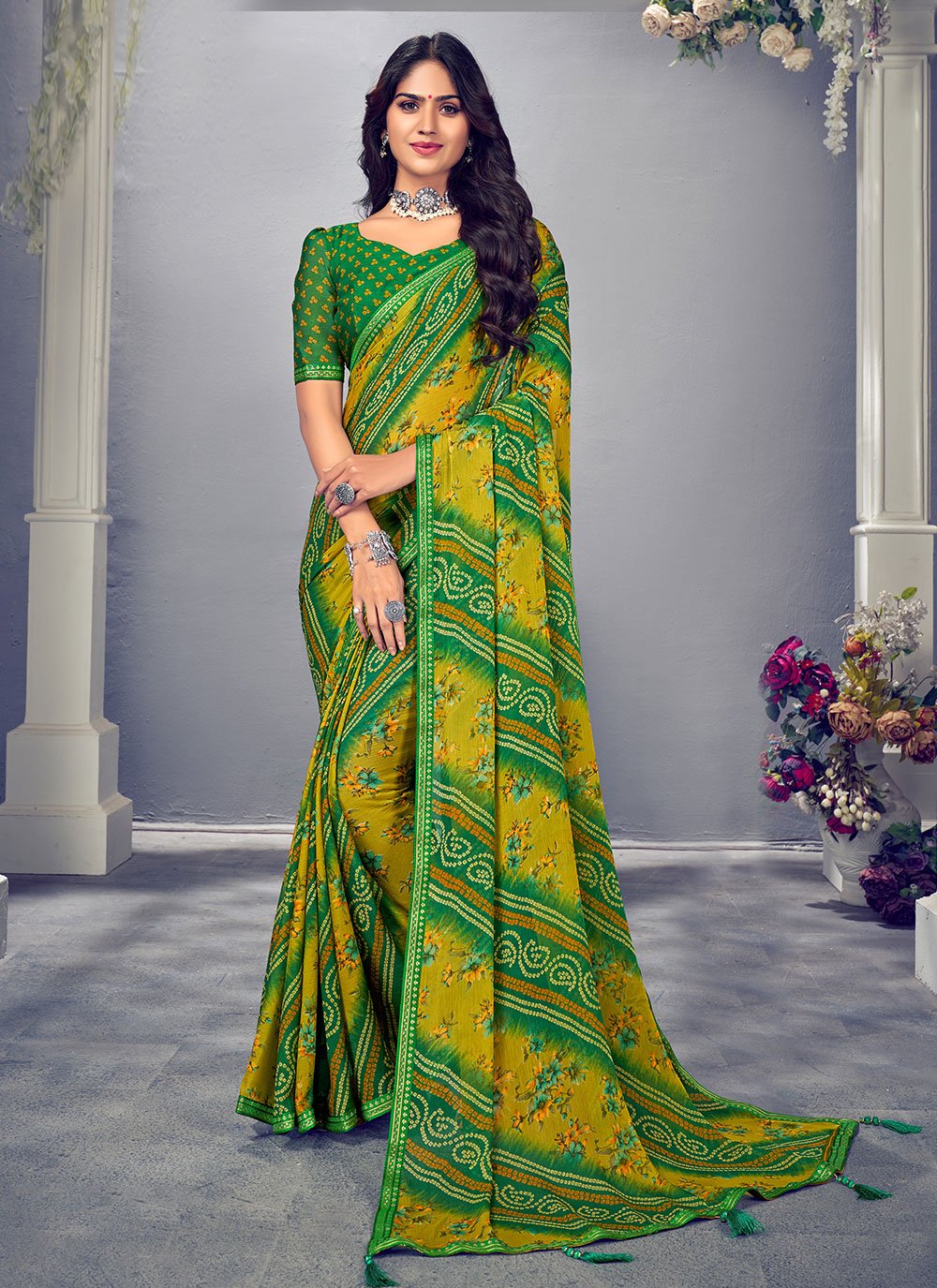 Classic Chiffon Multi Colour Bandhej Saree