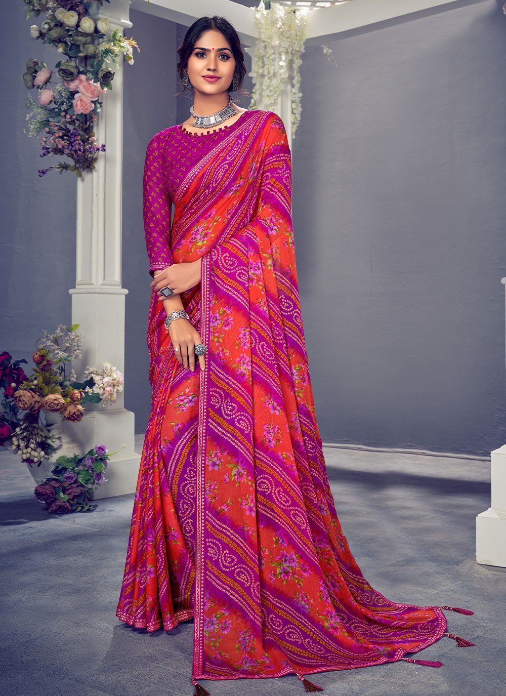 Classic Chiffon Multi Colour Bandhej Saree