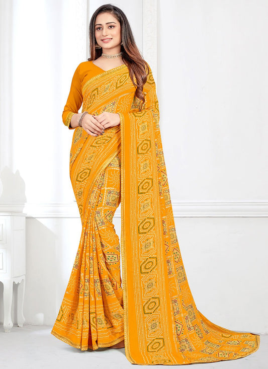 Trendy Saree Faux Crepe Mustard Bandhej Saree