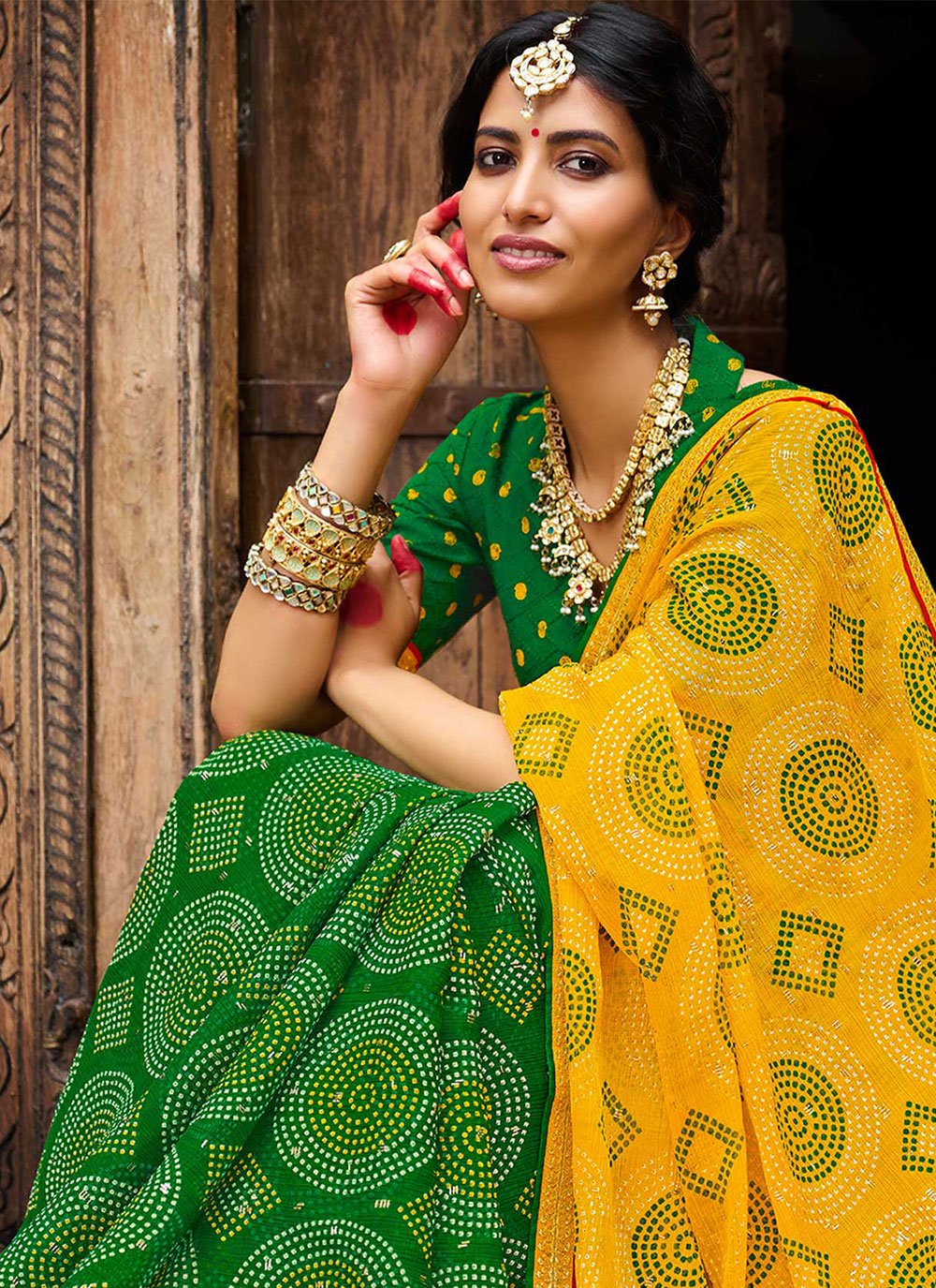 Trendy Saree Chiffon Green Yellow Bandhej Saree