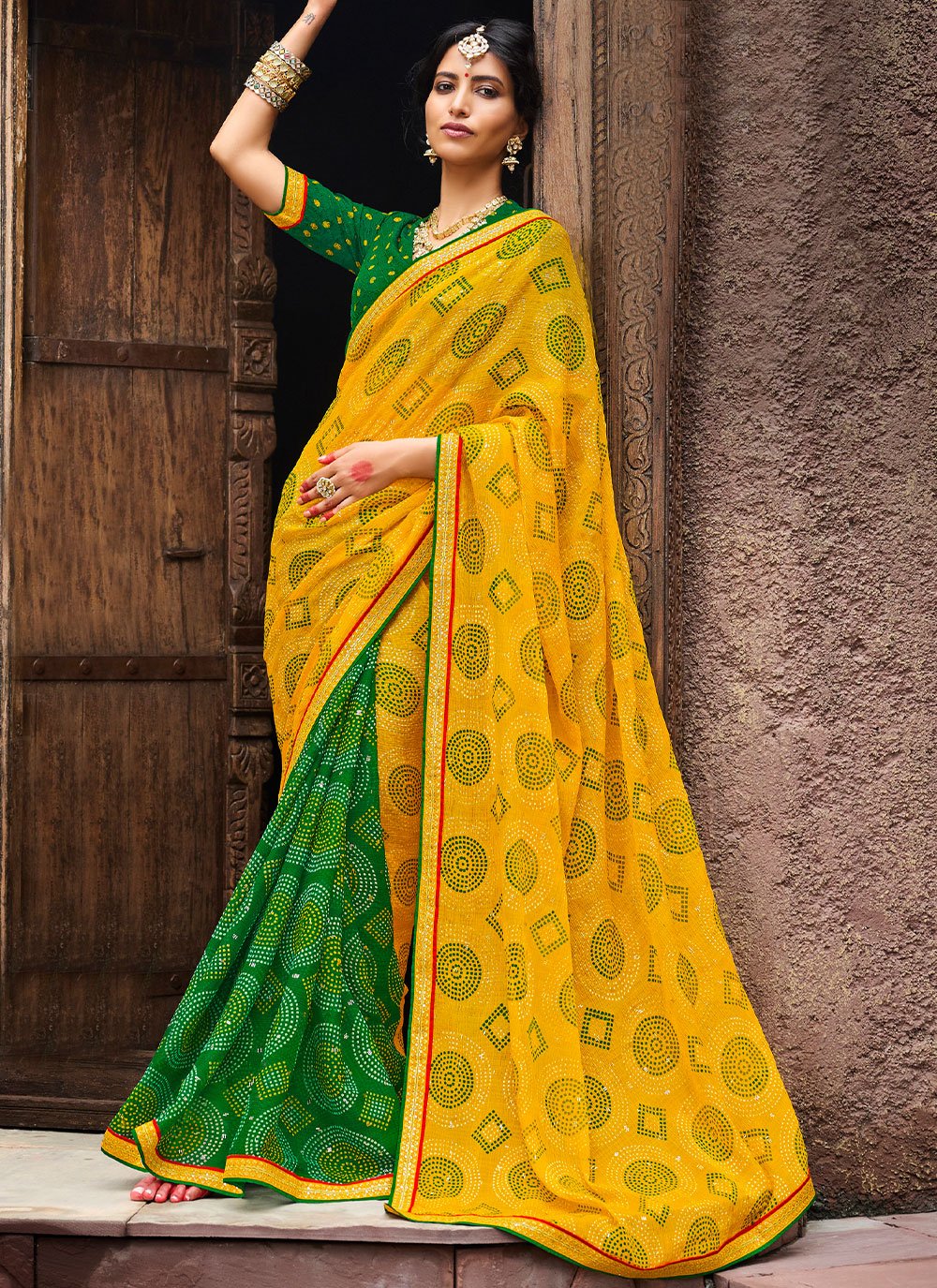 Trendy Saree Chiffon Green Yellow Bandhej Saree