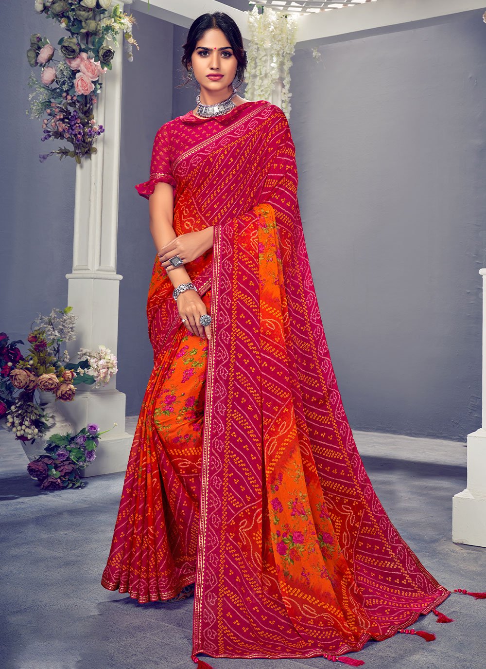 Trendy Saree Chiffon Multi Colour Bandhej Saree