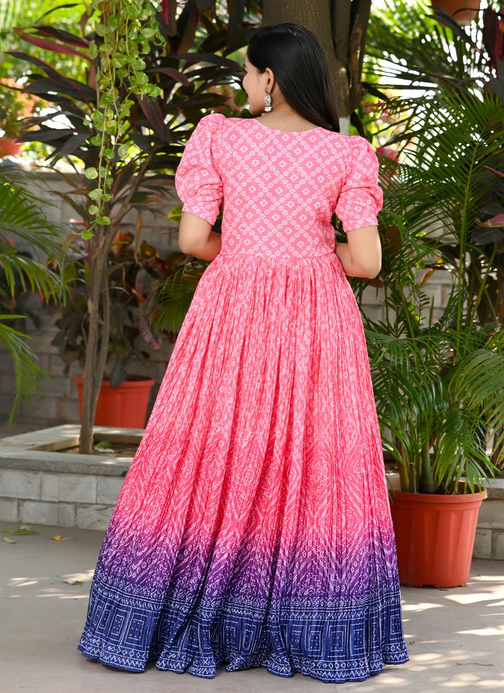 Designer Gown Muslin Pink Bandhej Gown