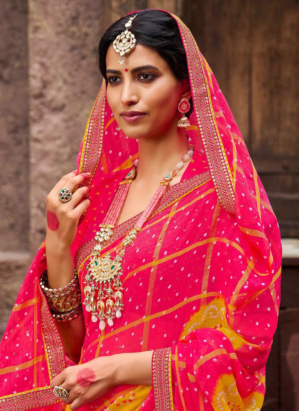 Designer Chiffon Pink Bandhej Saree