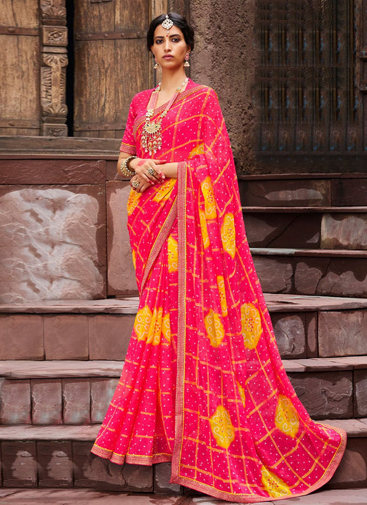 Designer Chiffon Pink Bandhej Saree