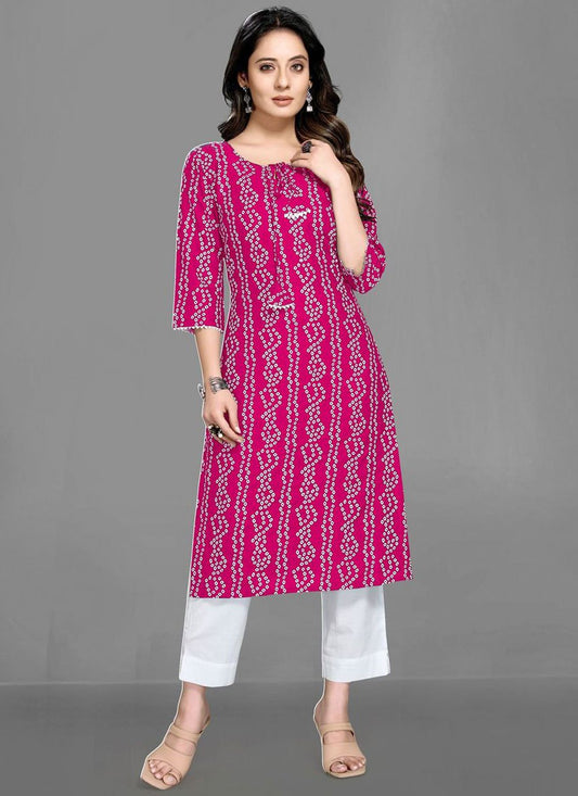 Casual Kurti Rayon Pink Bandhej Kurtis