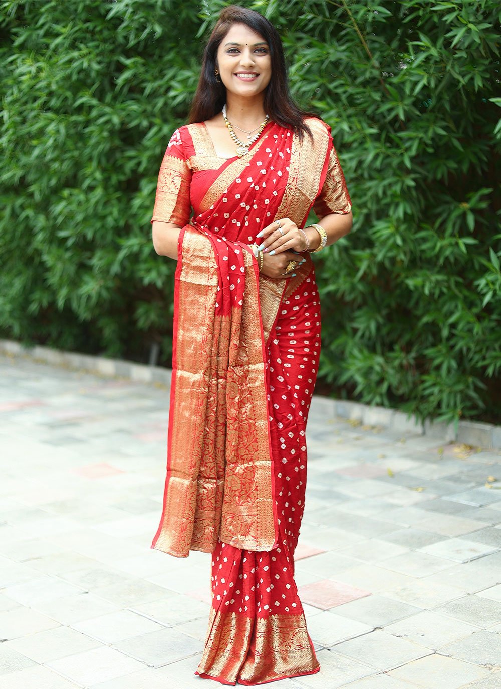 Classic Pure Silk Red Bandhej Saree