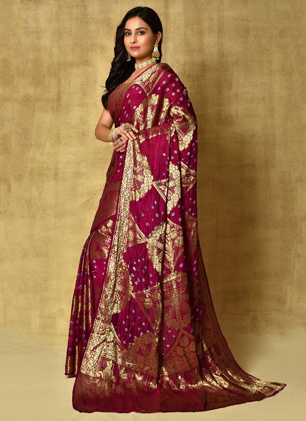 Bandhej Saree Silk Magenta Weaving Saree