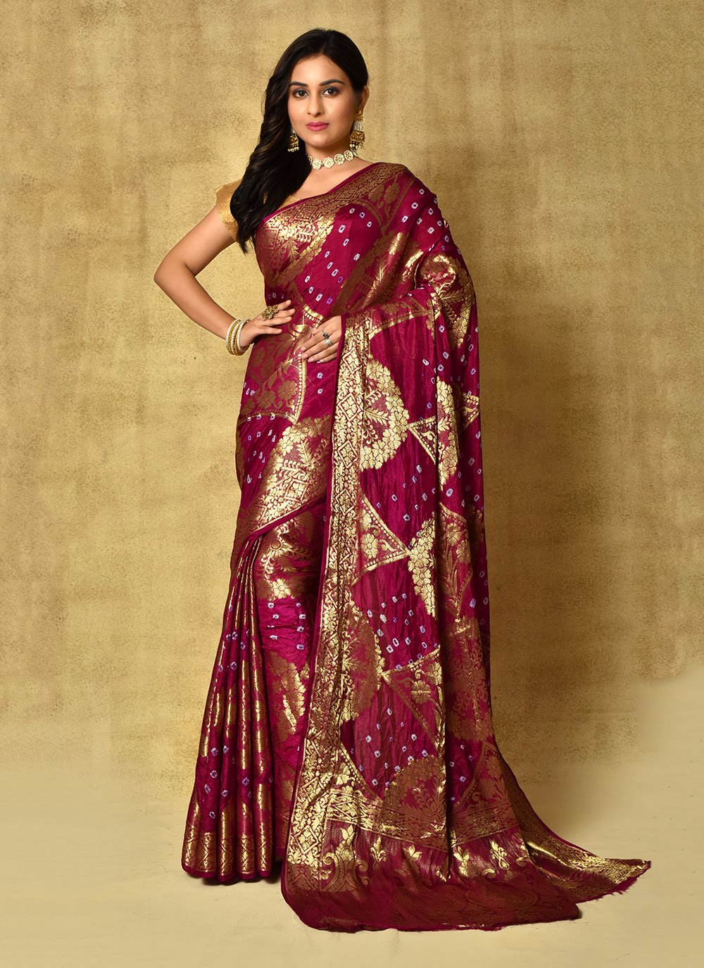 Bandhej Saree Silk Magenta Weaving Saree