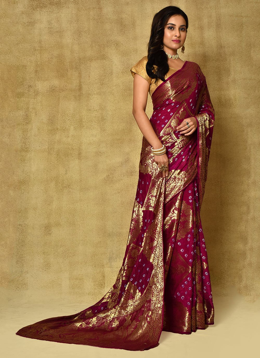 Bandhej Saree Silk Magenta Weaving Saree