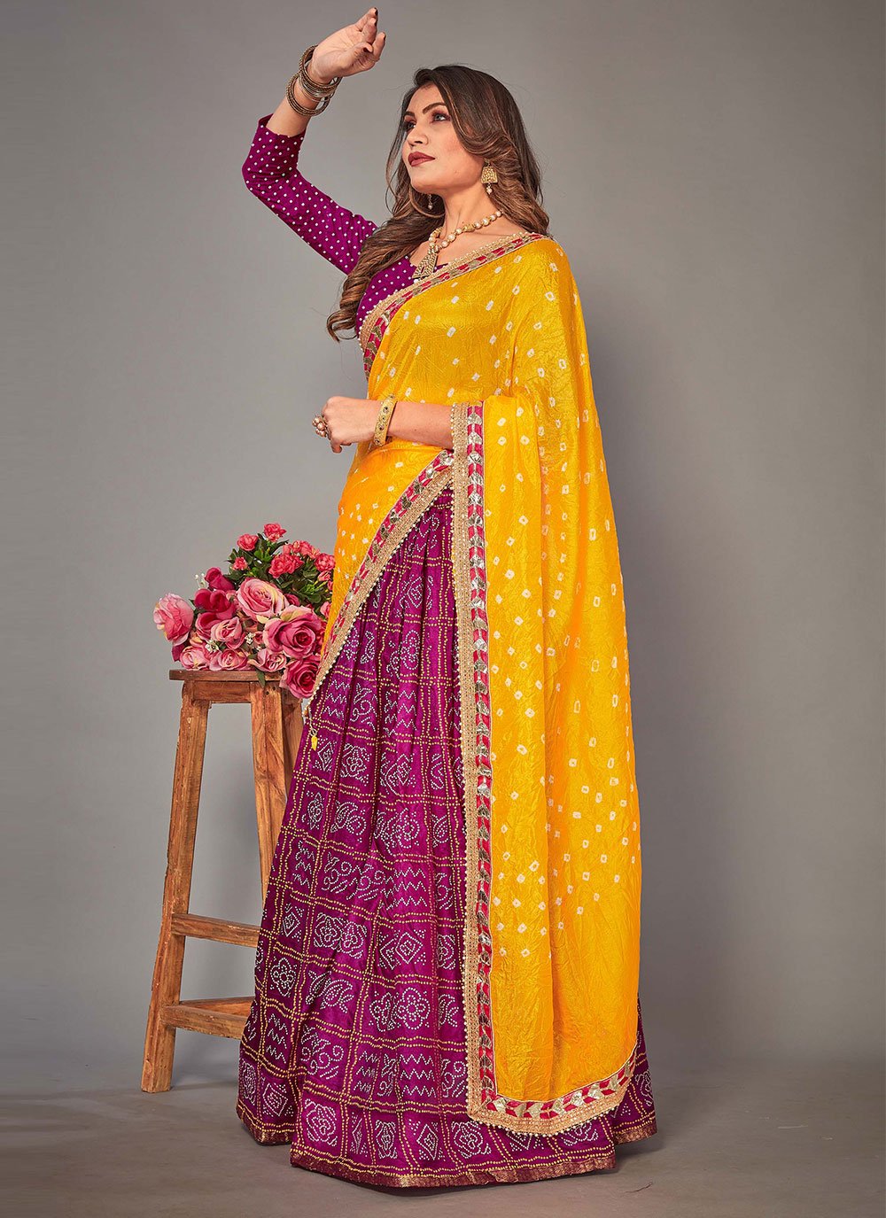 Lehenga Choli Tafeta Silk Purple Bandhej Lehenga Choli