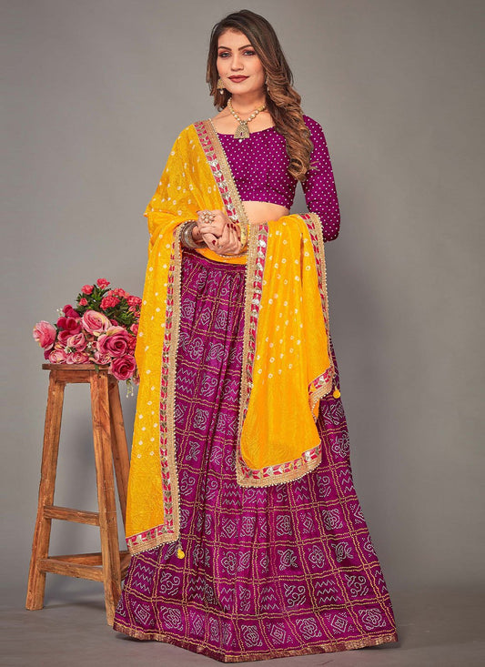 Lehenga Choli Tafeta Silk Purple Bandhej Lehenga Choli